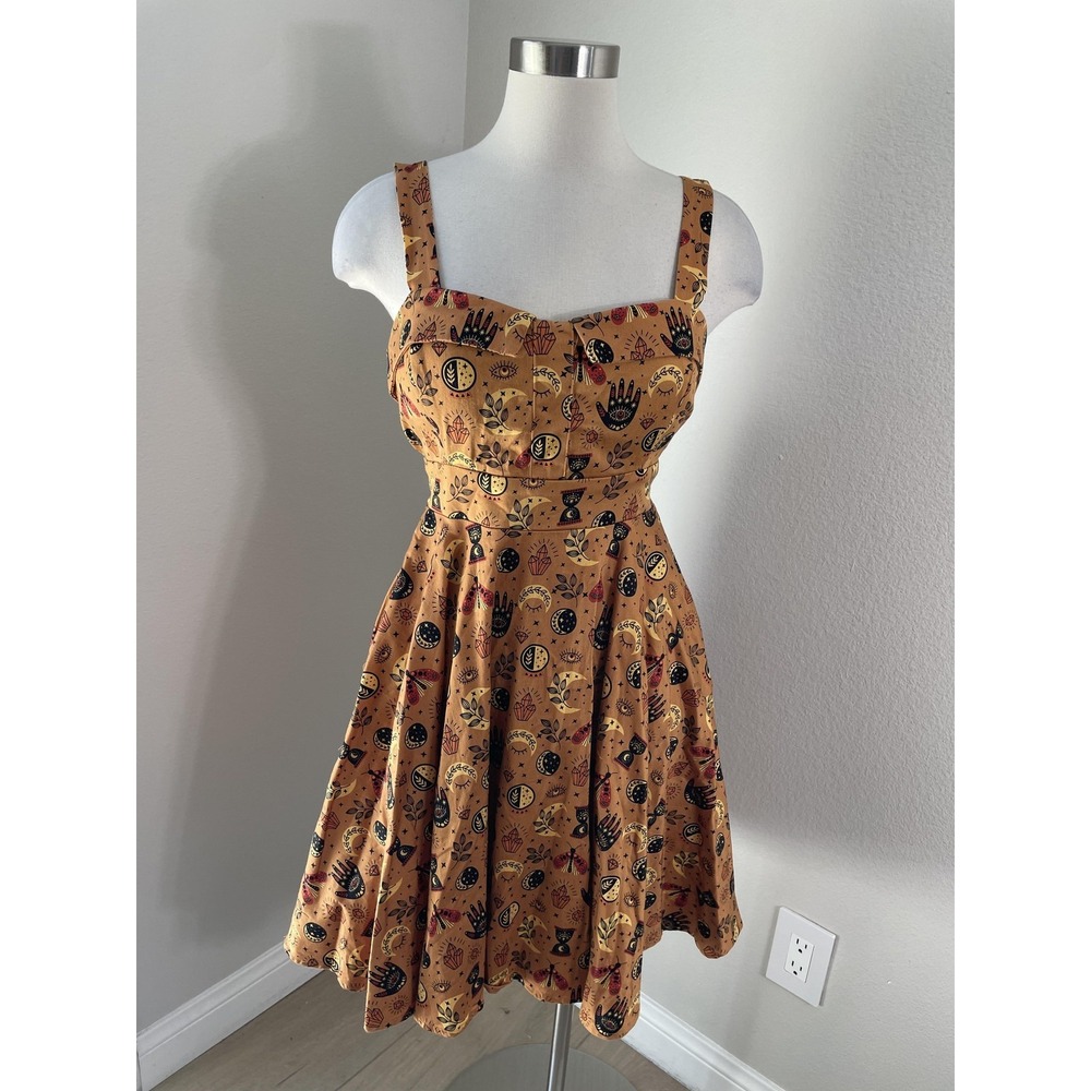 Eva Rose Dress Womens Medium Brown Witchy Celestial Fit & Flare Pockets Sundress